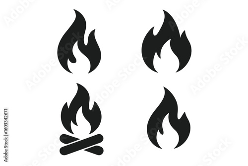 Fire flame icon set of four. Black silhouette flame symbols. Campfire and bonfire simple flat vector sign. Hot burn warning pictogram. Isolated graphic element for design.