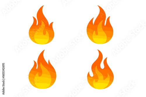 Fire flames vector icon set. Simple fire symbols for logos or web design. Cartoon bonfire illustration. Burning hot heat energy concept on transparent background design.