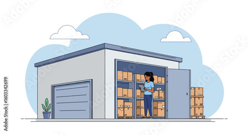 Warehouse worker organizing boxes in storage room with overcast sky in background