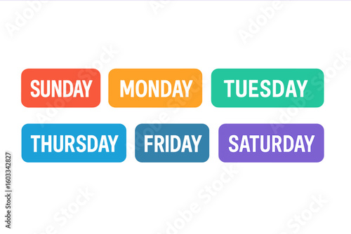 Colorful days of the week button collection. Vector illustration set of calendar icons. Weekly schedule planner labels. Trendy flat style badges for web and print design.