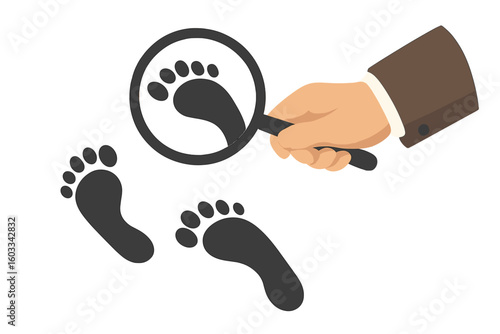 Detective with magnifying glass looking at footprint. Investigation concept. Searching for clues and evidence. Crime scene inspection. Mystery discovery. Following a human trail.
