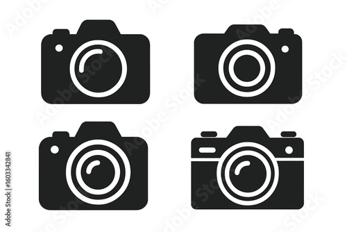 Camera icon set for photography. Collection of 4 simple flat photo camera symbols. Vector illustration for web, app, logo. Digital SLR pictogram glyph silhouette design.