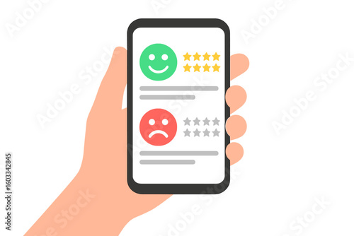 Hand holding phone with customer review rating. User reviews with good and bad rate on smartphone screen. Customer feedback and experience rating. Client satisfaction concept.