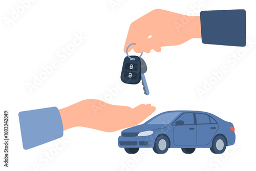 Car rental or sale concept with hand giving keys to another. Car sharing service illustration for selling, leasing, test drive or renting. Modern flat vector design.