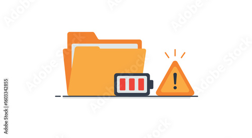 Flat style low battery alert with folder and warning symbol