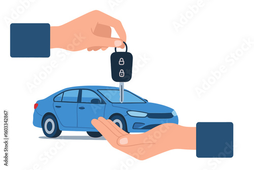 Car rental or sale concept. Hand giving car keys to another hand. Selling, leasing, test drive or renting car service. Automobile dealership business. Modern flat vector.