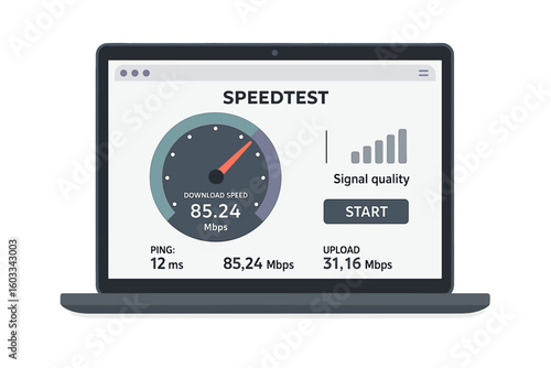 Internet speed test on laptop screen concept. Computer with website page for checking broadband connection performance. Meter for download, upload, ping, signal quality.