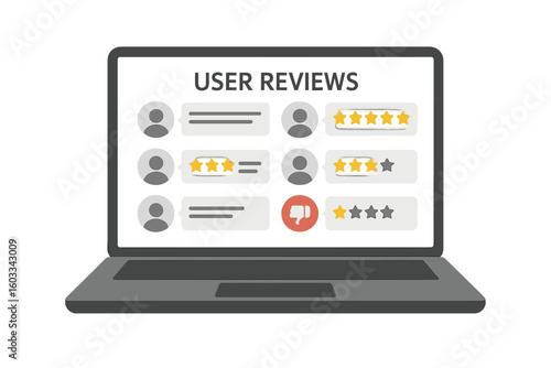 User reviews on laptop screen. Customer feedback and rating system with stars. Concept of satisfaction, testimonials, and online survey. Good and bad rate. Thumbs down.