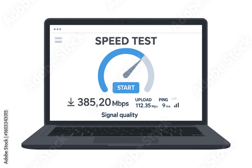 Laptop Internet Speed Test Display. High-Speed Network Performance Measurement. Broadband Download and Upload Test Result on Modern Web Interface. Signal Quality Indicator. Ping Latency Analysis