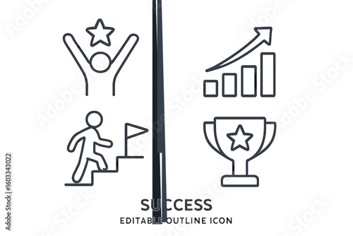 Success icon set with editable outline. Vector symbols for achievement, business growth, career progress. Winner trophy, reaching goals, and personal ambition icons.