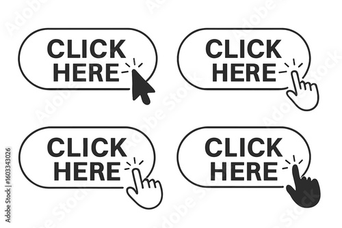 Click here button vector set with mouse computer cursor and hand pointer icons. Modern flat call to action elements for website design. UI and UX graphic interface symbol.