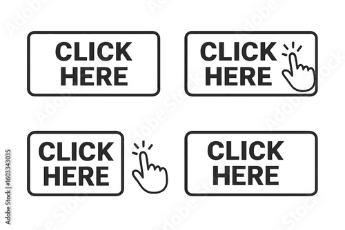 Click here button set with hand cursor pointer. Vector collection for website and user interface design. Modern action buttons for web page links and navigation banners.