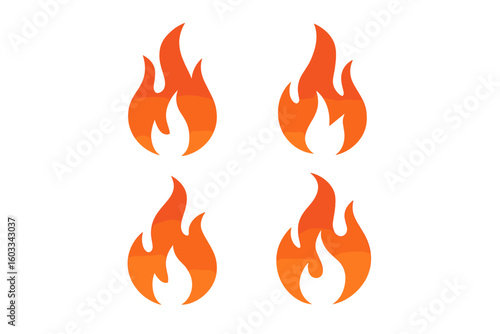 Set of 4 red fire flame icons. Vector bonfire symbol collection. Hot burning campfire silhouette for logo design. Danger, heat, and energy concept illustration element.