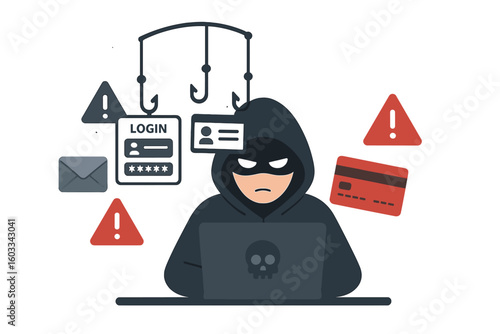 Hacker phishing concept. Cybercrime and internet fraud. Anonymous man in hoodie stealing password, login and credit card data from computer. Online security threat vector.