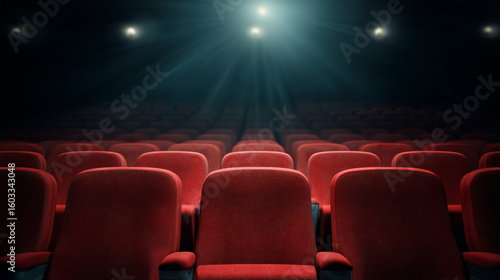 A conceptual cinema background features an empty seat arrangement and space for copy, ideal for promotional visuals
