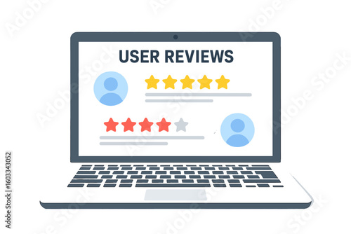User reviews on a laptop computer screen. Customer feedback and rating system concept. Online testimonials with good and bad satisfaction rates. Experience evaluation with stars.