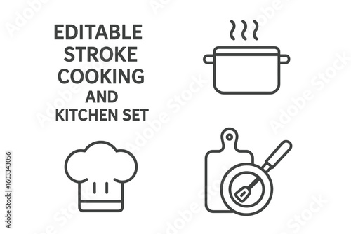 Cooking and kitchen line icon set. Vector food preparation symbols for culinary websites and apps. Includes chef hat, pot, pan, and cutting board icons with editable stroke.