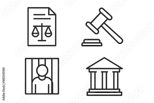 Law and justice icon set in thin line style. Includes courthouse, judge gavel, legal document, and prison icons. Vector symbols for lawyer, court, crime, and punishment.