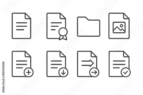 Document line icon set. File management, office paperwork concept. Certificate, folder, image file. Add, download, send, approve web buttons. Vector outline UI pictogram. Editable stroke.