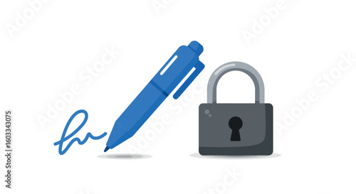 Secure digital signature with lock and pen in flat design