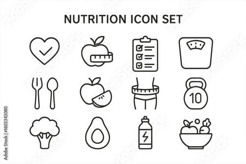 Nutrition line icon set. Healthy food and diet symbols. Fitness, wellness and health care concept. Vector icons for gym, weight loss, meal plan, and healthy lifestyle.