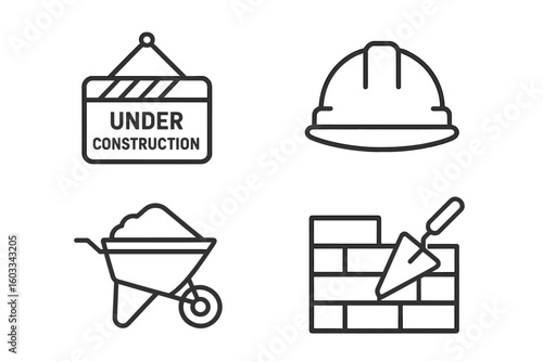 Construction line icon set. Building site vector symbols. Under construction sign, safety hard hat, wheelbarrow, bricklaying trowel. Editable outline pictograms for web.
