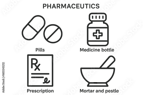 Pharmaceutics icon set. Pharmacy and medical concept symbols. Vector line art illustration of pills, medicine bottle, prescription, mortar and pestle for web and apps.