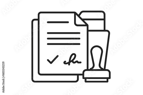 Contract signing icon with signature and approval stamp. Vector illustration of a legal document in a folder. Concept for agreement, deal validation, and official certification.