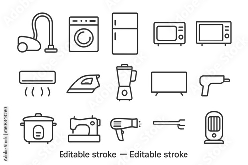 Household appliances line icon set. Home electronics and kitchen equipment collection. Vector outline symbols of fridge, washing machine, microwave, TV for web. Editable stroke.