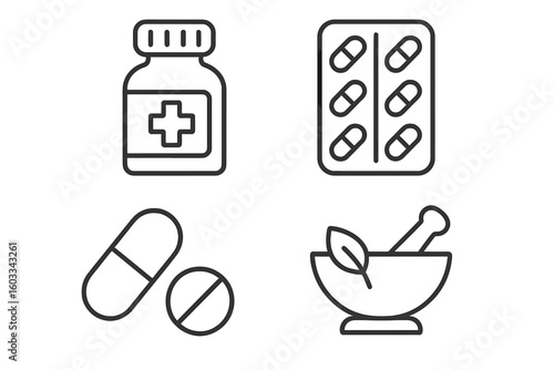 Pharmacy medicine icon set. Pills, tablets, drug bottle, blister pack icons. Vector linear symbols for healthcare, web, app. Mortar pestle for herbal, homeopathic remedy.