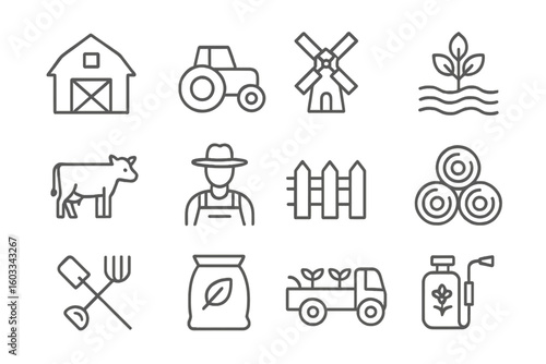 Farming and agriculture line icon set. Vector symbols for farm, rural life, and organic food. Includes barn, tractor, windmill, cow, farmer, and harvest icons. Editable outline.