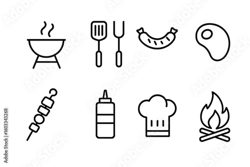 Barbecue and grill line icon set. Vector symbols for outdoor cooking, summer picnic, and BBQ party. Includes steak, sausage, kebab, fire, chef hat. Editable outline stroke.