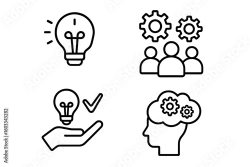 Creativity and innovation line icon set. Business solutions symbols for creative idea, teamwork, management, and problem-solving process. Thin outline vector pictogram collection.