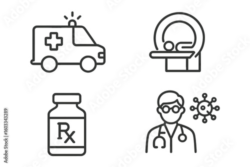 Medicine and health icon set. Line style medical symbols for web and mobile app. Emergency ambulance, MRI scan, prescription Rx bottle, and doctor with virus concept.