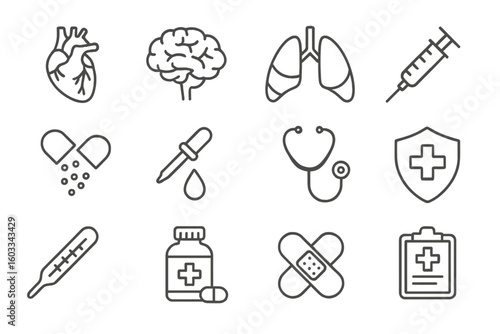 Medical and Healthcare Line Icons: Heart, Brain, Lungs, Syringe, Medicine, Stethoscope, Shield, Thermometer, Pill Bottle, Bandage, Clipboard – Outline Vector Set