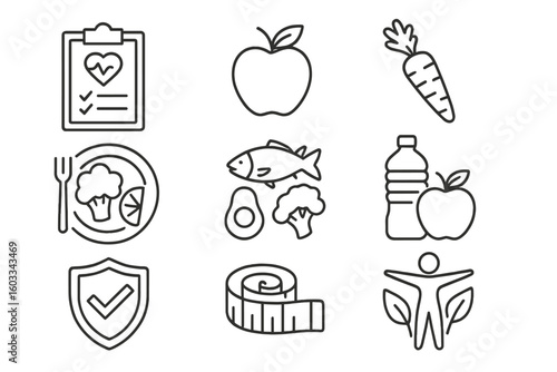 Linear Line Icons Collection for Healthy Eating and Nutrition Concepts, Proper Diet, Balanced Meal Planning, Healthy Lifestyle Choices, Diet Checklist, Portion Control, Wellness and Natural Foods