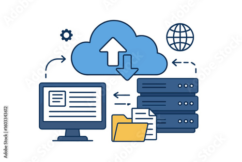 Online cloud computing concept. Data center server for web hosting service. Database for documents and file storage. Upload, download data for file management and transfer.