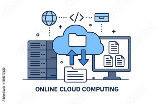 Online cloud computing vector illustration. Data center, web hosting service, and database for documents. Cloud storage with upload and download for file management and data transfer.
