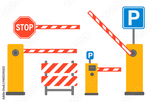 Automatic car park barrier gate collection. Parking security system with stop sign and payment terminal. Access control and entrance checkpoint. Road block vector illustration set.