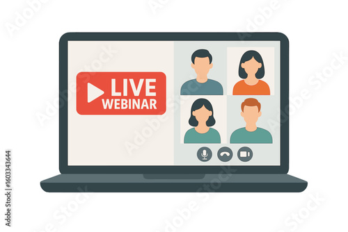 Live webinar concept with online video conference on a laptop screen. E-learning, distance education, and business training vector illustration. Digital communication and streaming.