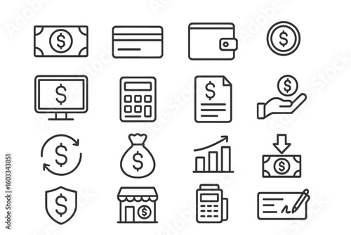 Finance and money thin line icon set. Business, payment, and banking symbols. Vector collection with editable stroke for web and mobile. Financial outline pictogram pack.