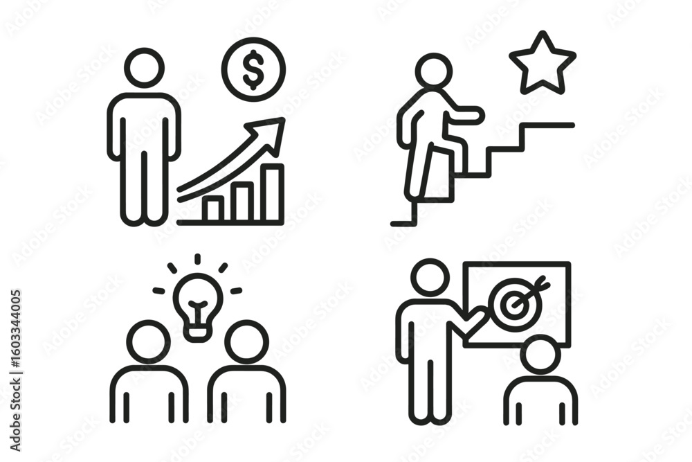 Personal growth and success line icon set. Business icons for financial profit, career progress, teamwork idea, coaching, and achieving goals. Editable stroke vector graphic. Personal growth and success line icon set. Business icons for financial profit, career progress, teamwork idea, coaching, and achieving goals. Editable stroke vector graphic.