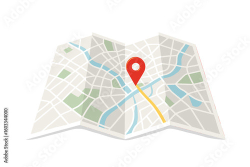 City map with red location pin pointer. GPS navigation, route and destination. Geolocation, direction finding concept. Folded paper travel guide with streets and point marker.