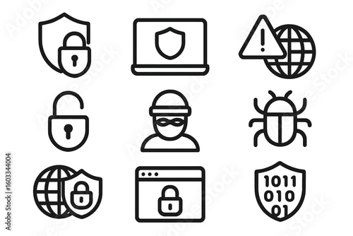 Cyber security icon set for internet protection. Vector line art for web and mobile app design. Includes hacker, virus, malware, data privacy, and network safety symbols.