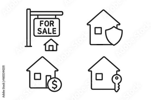 Real estate web icons set in modern line style for mobile apps and websites, featuring property purchase, housing sale, rental premises, insurance, and home ownership concepts