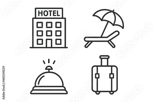 Hotel and travel line icon set. Vector symbols for vacation, tourism, and hospitality services. Includes hotel building, luggage, reception bell, and beach lounger icons.