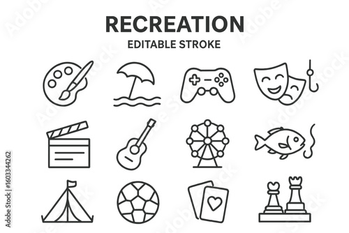 Recreation and Leisure Line Icons Set. Outline Web Icon Collection. Hobbies, Entertainment, Music, Sports, Travel, Vacation, Circus, Art, Beach, Fishing, Gaming, Theater, Editable Stroke Vector