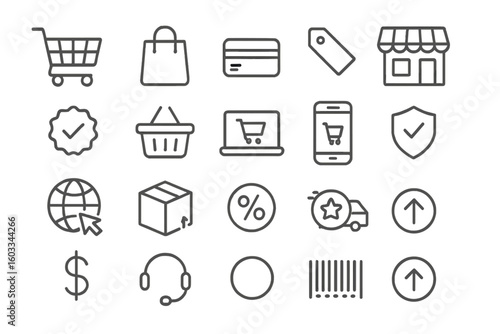E-commerce shopping thin line icon set. Online store, retail business, and digital marketing outline symbols. Vector mobile commerce, payment, and delivery pictogram collection.