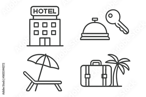 Hotel and vacation line icon set. Travel and tourism concepts for web and mobile app design. Hotel booking, reception service, beach relax, and luggage symbols vector pack.