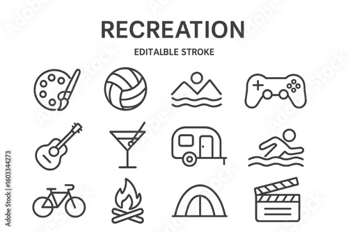 Recreation and Leisure Line Icons Collection – Outline Style Vector Symbol Set Featuring Hobbies, Sports, Outdoor Activities, Camping, Painting, Biking, Swimming, Traveling, Gaming, and Music